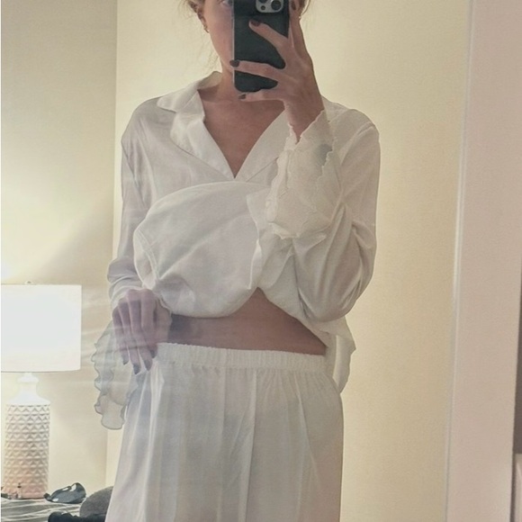 Satin Blouse Ruffle Flutter Hem PJ Set - Picture 7 of 8